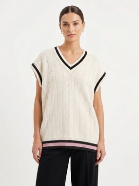 Free People Women Sweater Vest Cable Knit Striped Trim Small Oversized